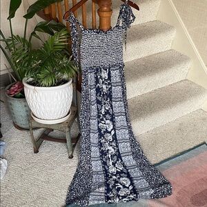 Angie Floral Boho Blue and White Sleeveless Maxi Sundress